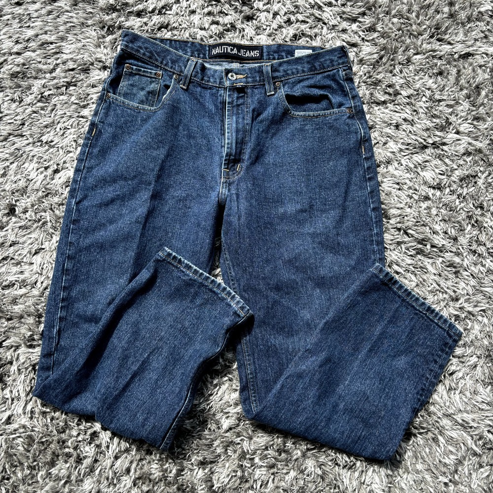 Nautica Jeans Company Mens 36x30 Dark Wash Relaxed Straight Leg Denim Blue Jeans